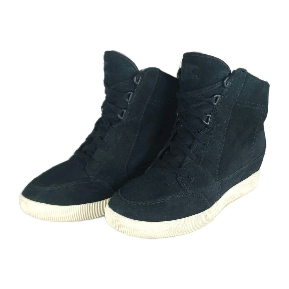 Sorel Women' Out 'N About US 8,5 Black Suede Hidden Wedge Lace Up Ankle Boots